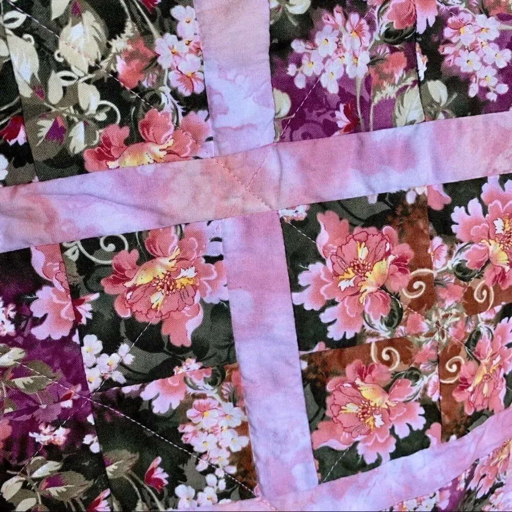 Handmade NWT floral lap quilt pink, burgundy and green size 52” X 41”
